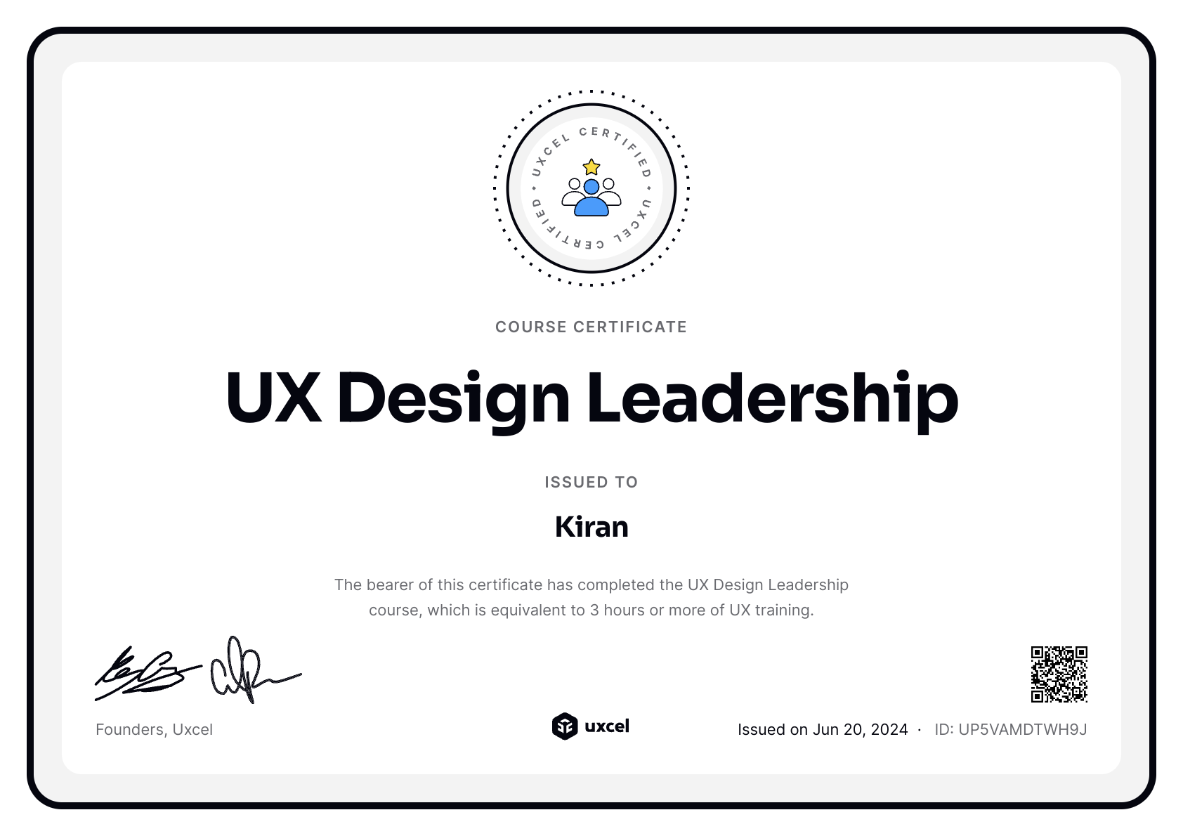 Kiran's certificate